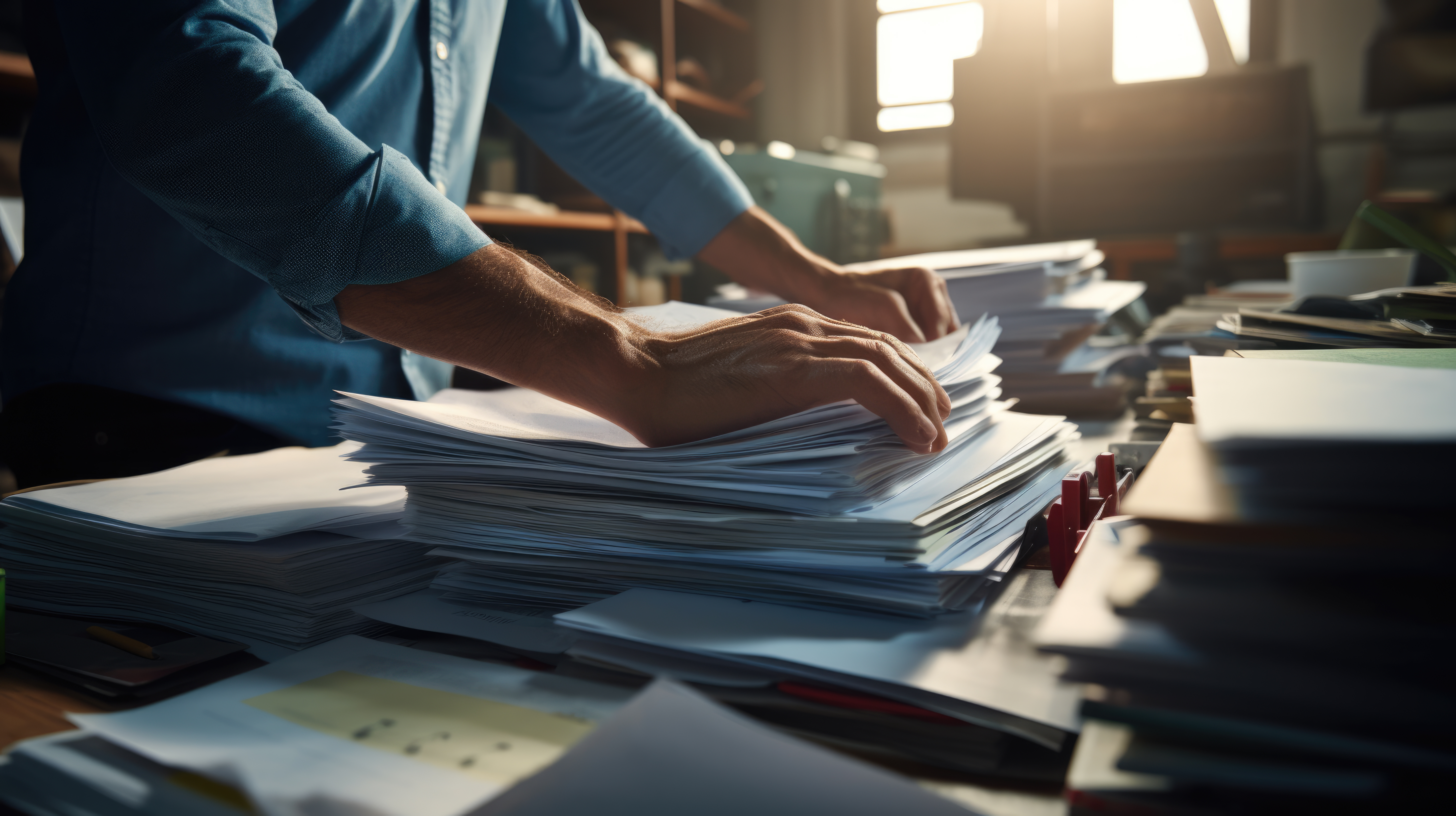 Businessman hands working in Stacks of paper files for searching information on work desk in office, business report papers,piles of unfinished documents achieves.Created with Generative AI technology